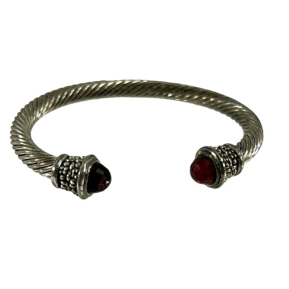 Twisted Cable Cuff Bracelet Silver Tone Open Bangle Faceted Red Imitation Stone - Picture 3 of 9